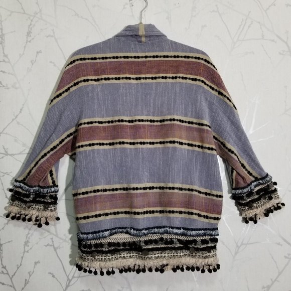 Zara Blue Striped Open Boho Kimono Cardigan w/ Pom Poms - Picture 4 of 5
